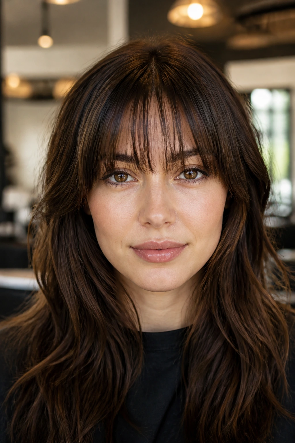 Portrait of a person with thick hair and wispy fringe across the forehead