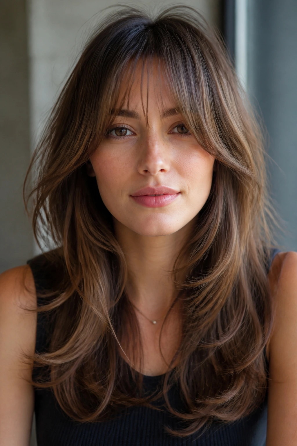 Portrait of a real woman with wispy fringe and U-shaped layers