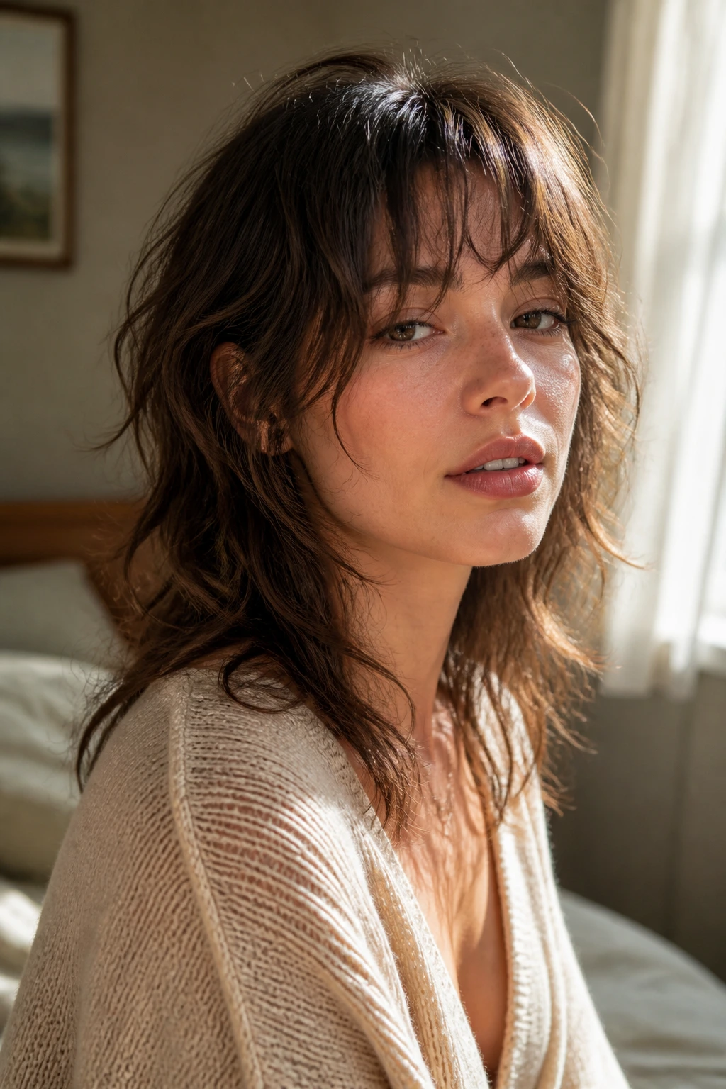 Close-up of a real woman with wispy fringe wolf cut in soft morning light