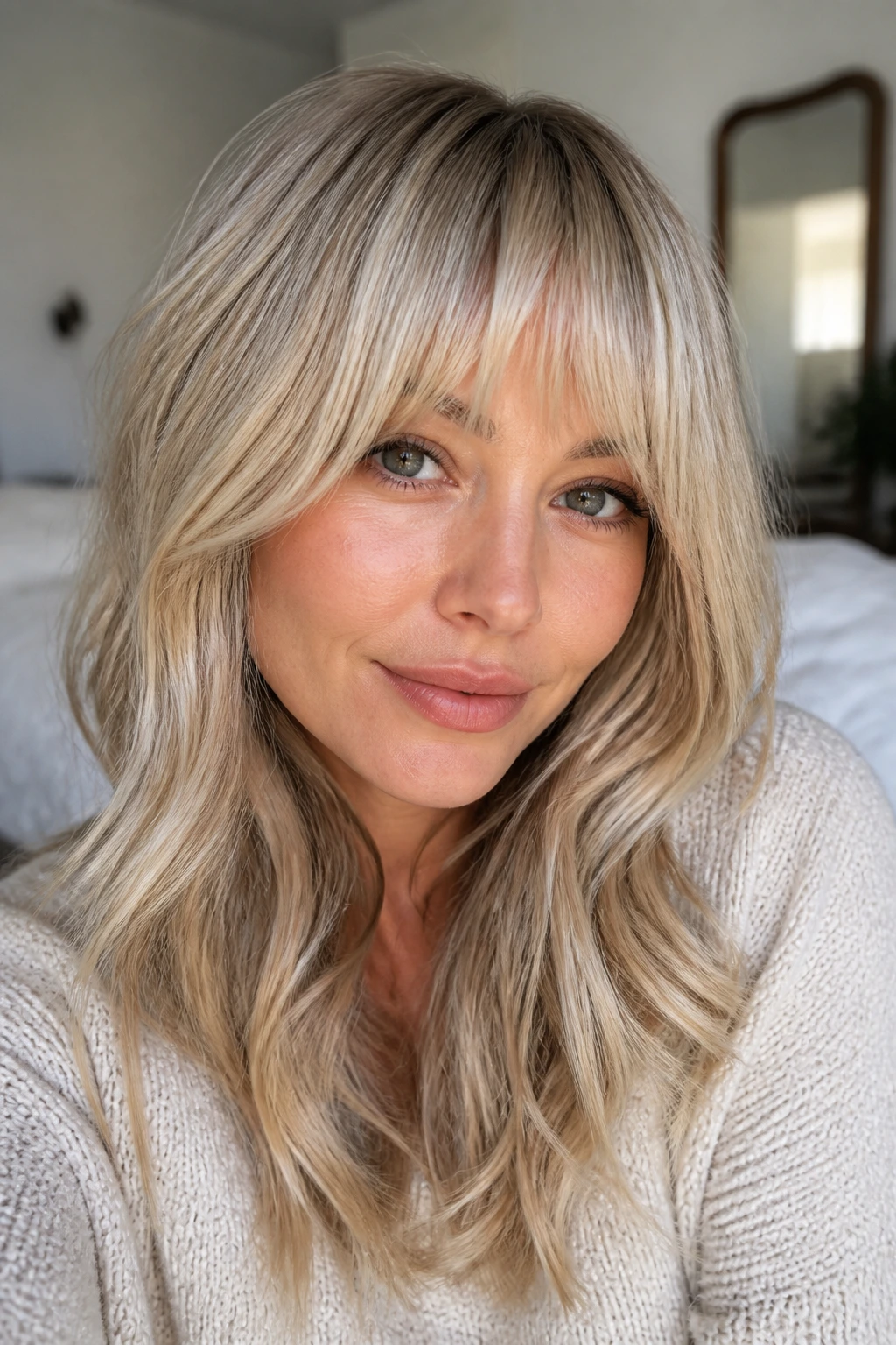Close-up of a real woman with wispy full bangs and pearl blonde dimension