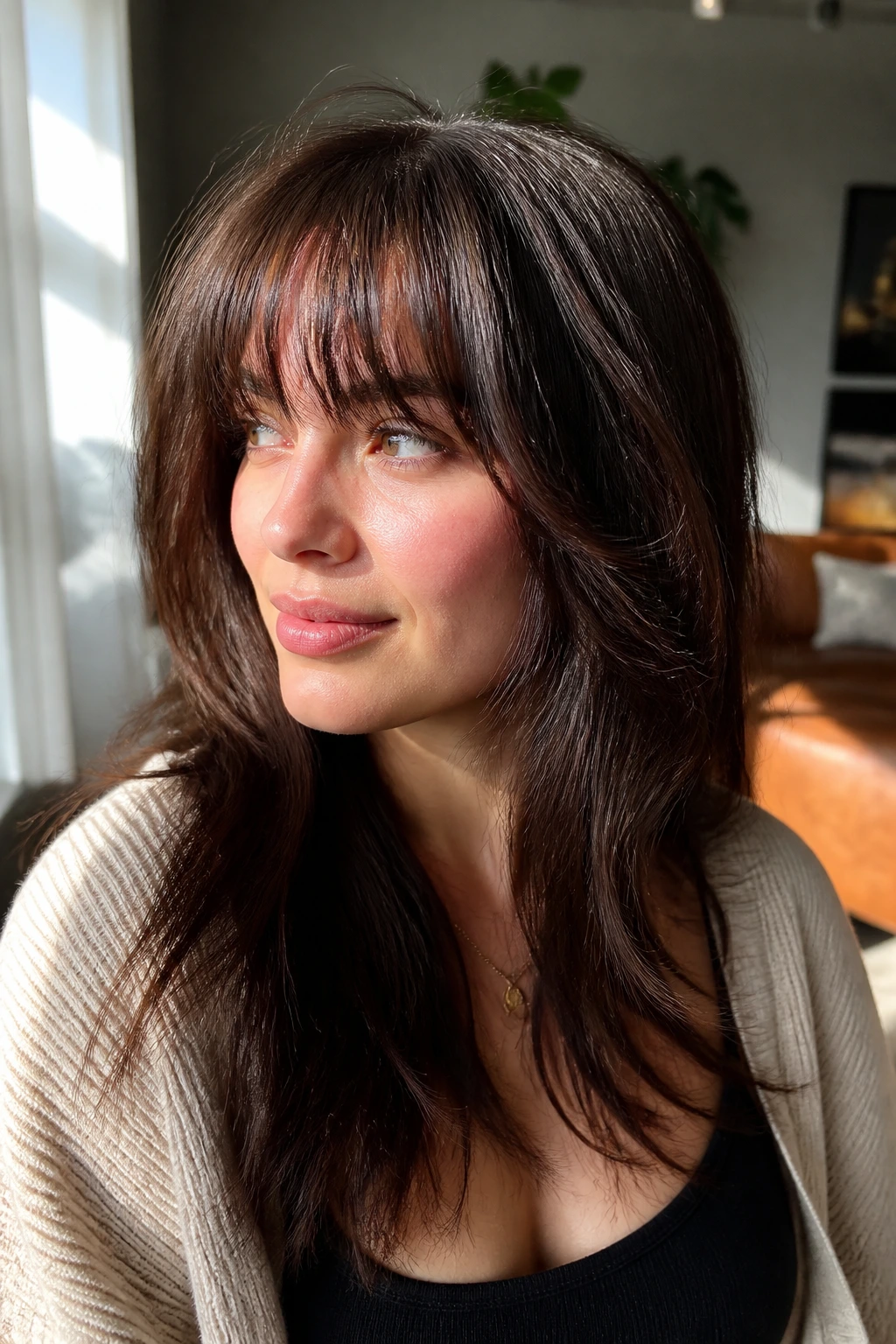 Close-up of wispy heavy bangs with interior weight removal on a real woman