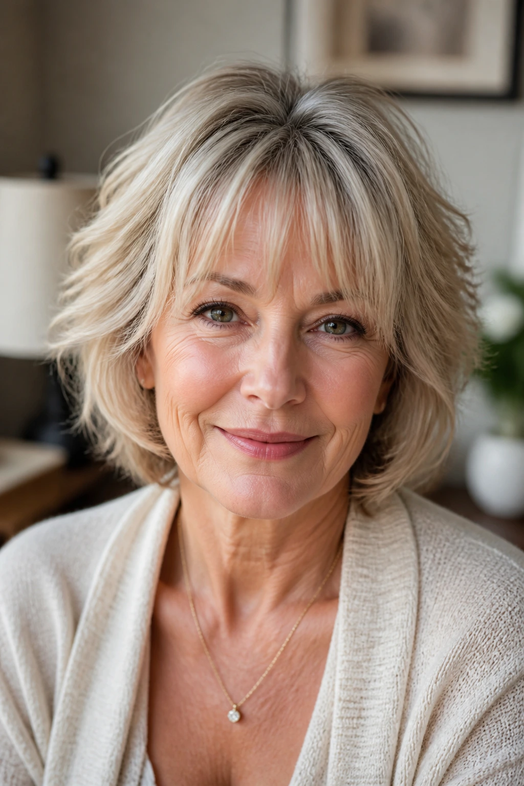 Close-up of a real woman with wispy layered cut and light bangs