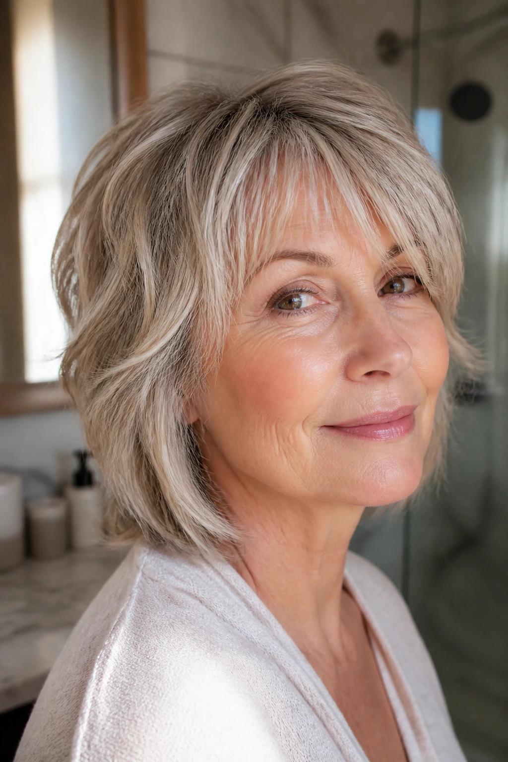 Close-up of an older woman with a wispy layered cut for fine hair in soft morning light.