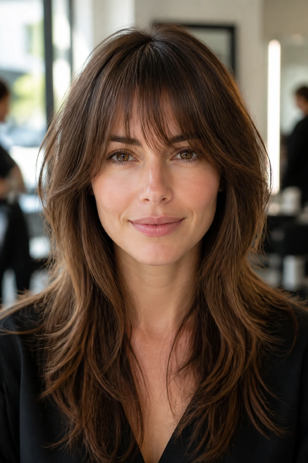 Real woman with wispy layers and bangs in a salon setting