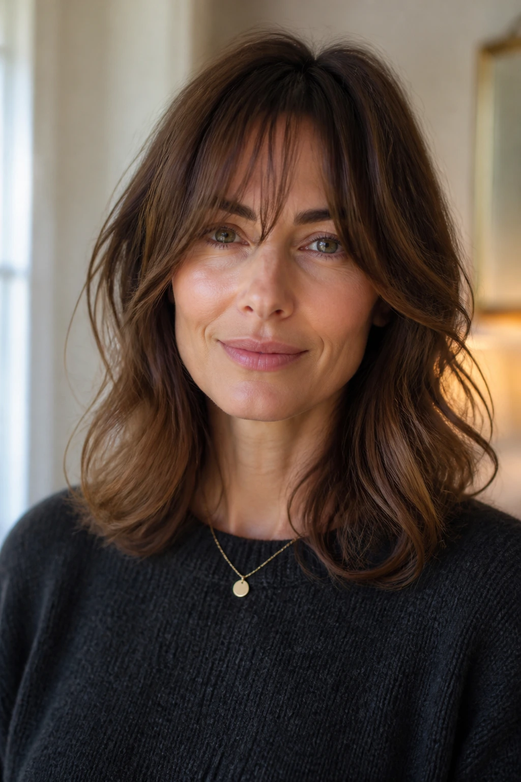 Real woman wearing wispy layers with bottleneck bangs in natural window light