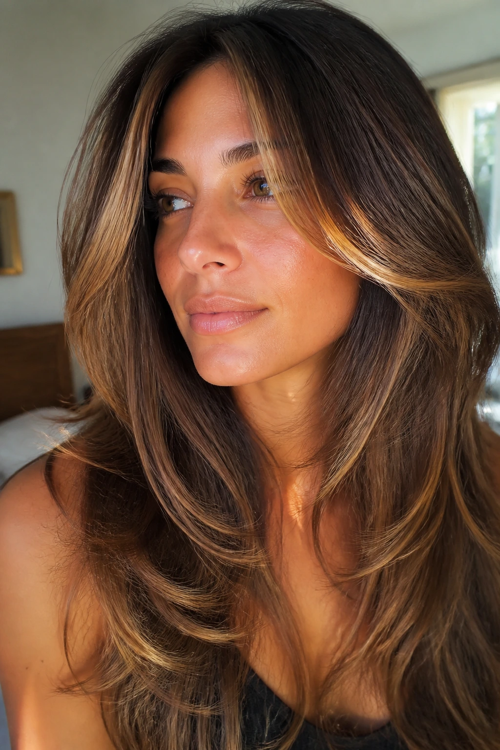 Close-up of a real woman with wispy layers and feather light ends and caramel highlights
