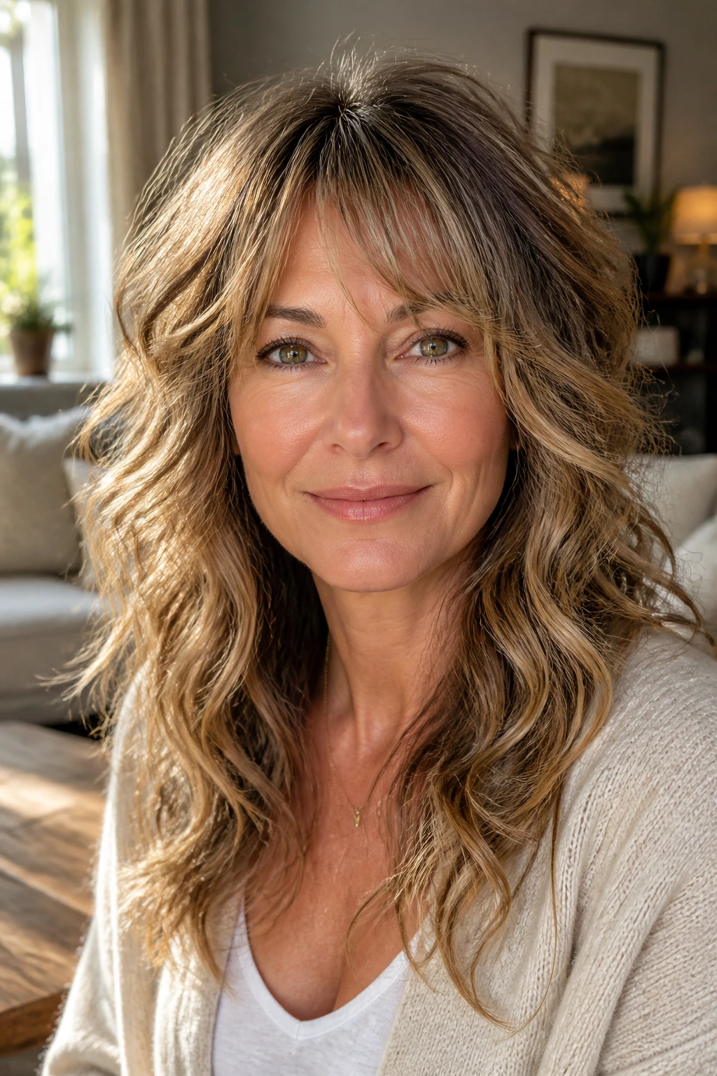 Portrait of a woman with wispy layers and loose curls