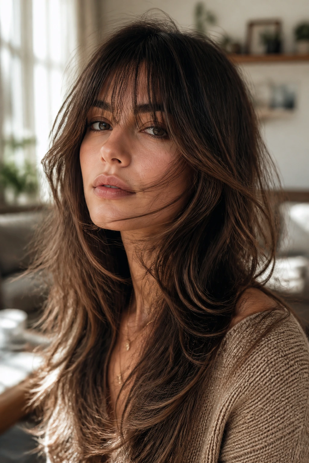 Portrait of a real woman showing wispy layers with movement