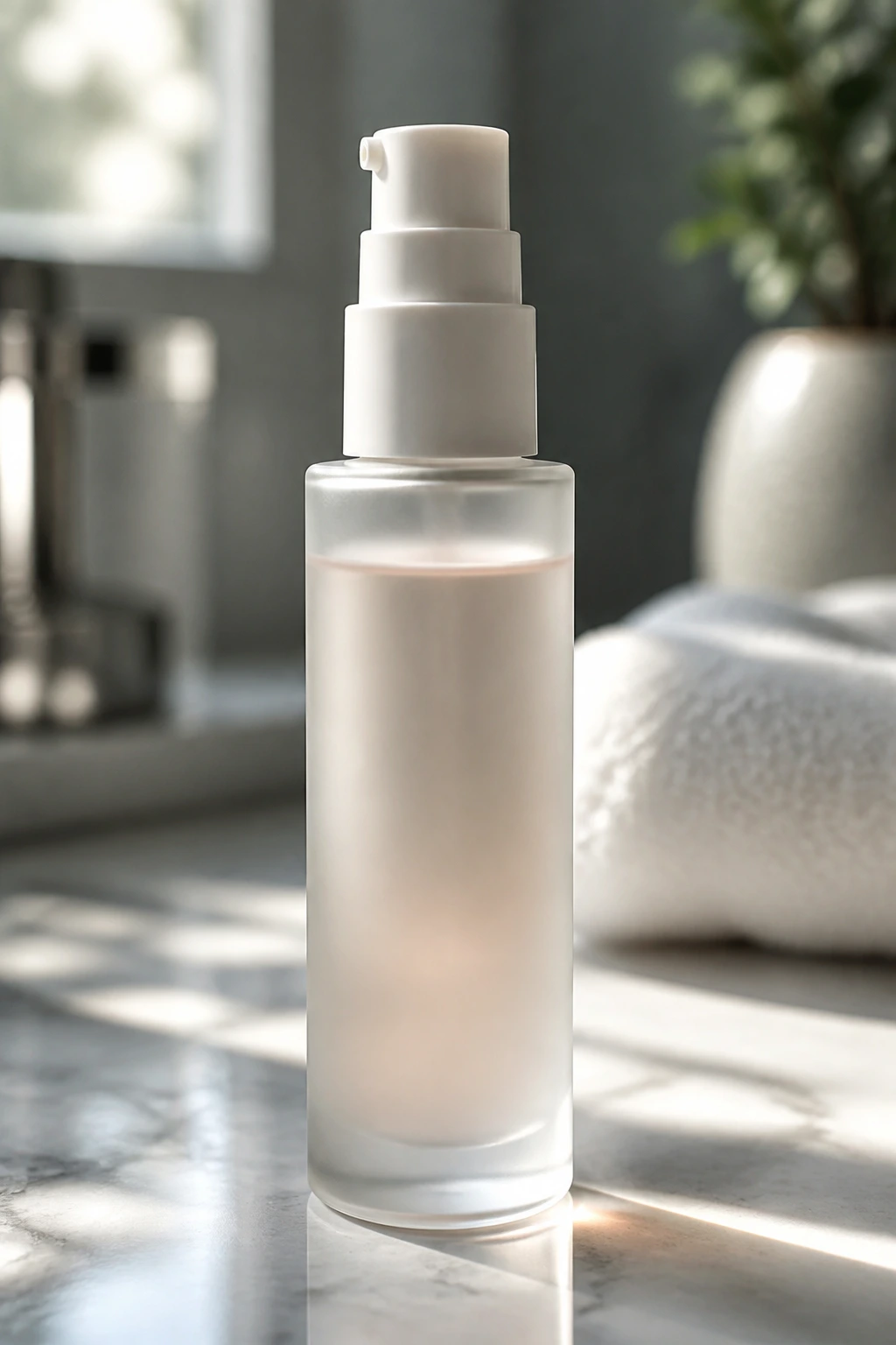 Close-up of a label-free hair serum bottle on a bathroom counter, representing lightweight products for wispy layers.