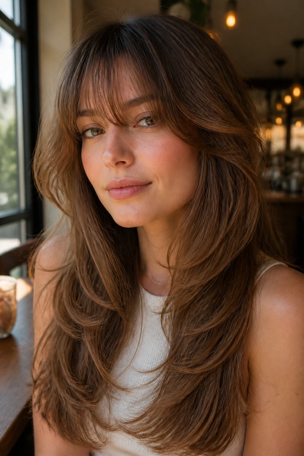Close-up portrait of a woman with a shape-preserving wispy layered cut
