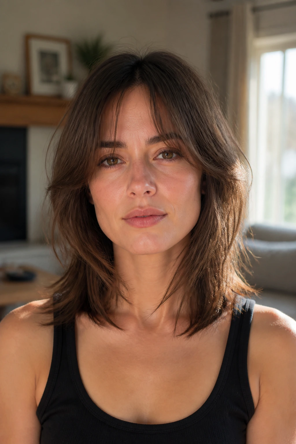 Close-up portrait of a woman with wispy layers softening a square face in natural daylight