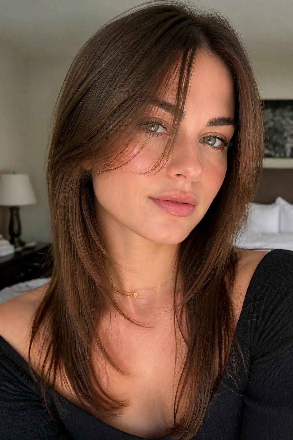 Close-up portrait of a real woman with wispy layers on straight hair framing the jawline