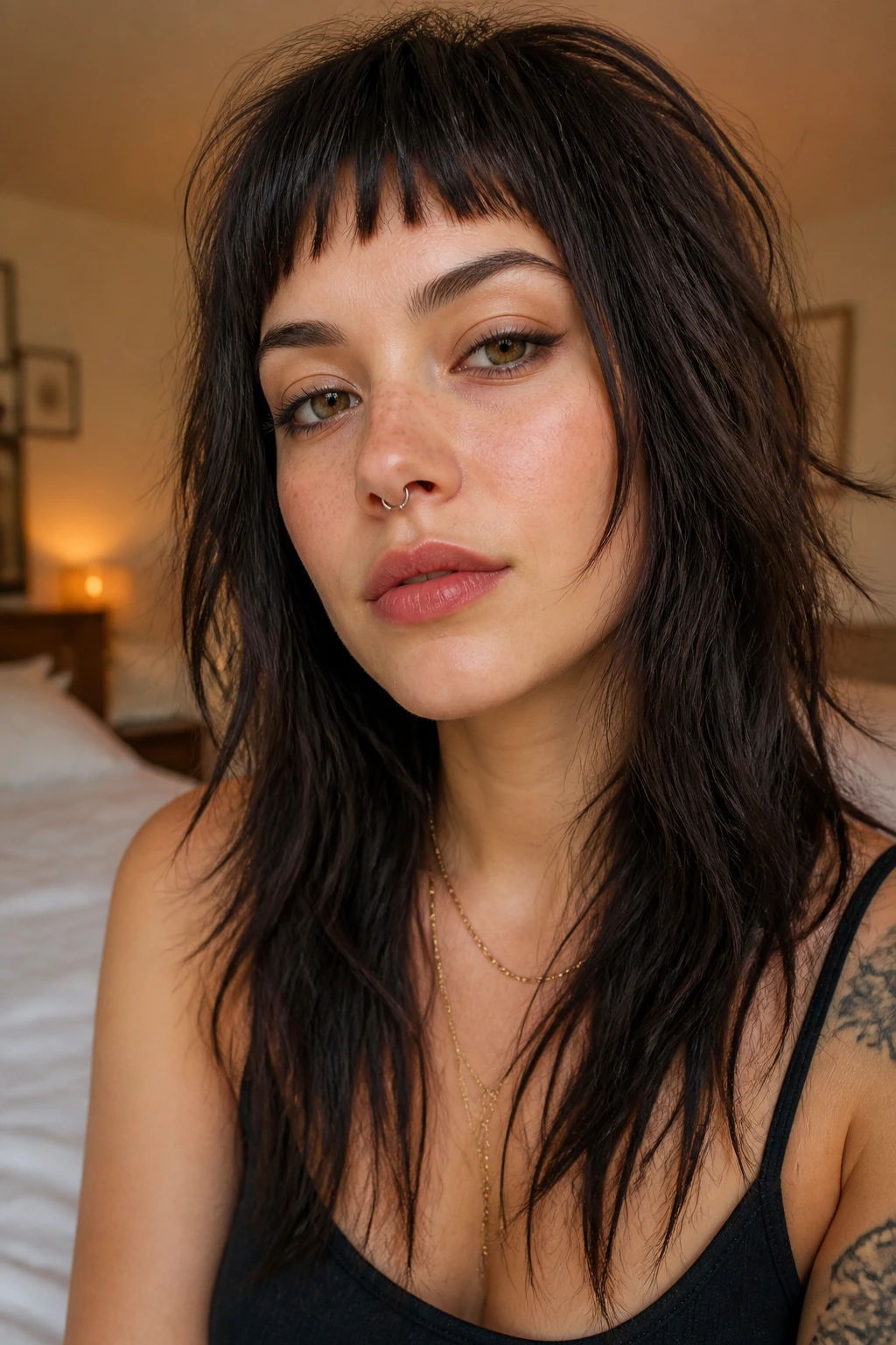 Real person with wispy micro bangs and long shag, soft warm bedroom lighting