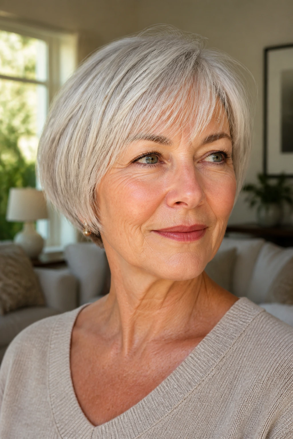 Close-up portrait of a woman with a wispy micro-bob framing the jaw, in warm window-light setting.
