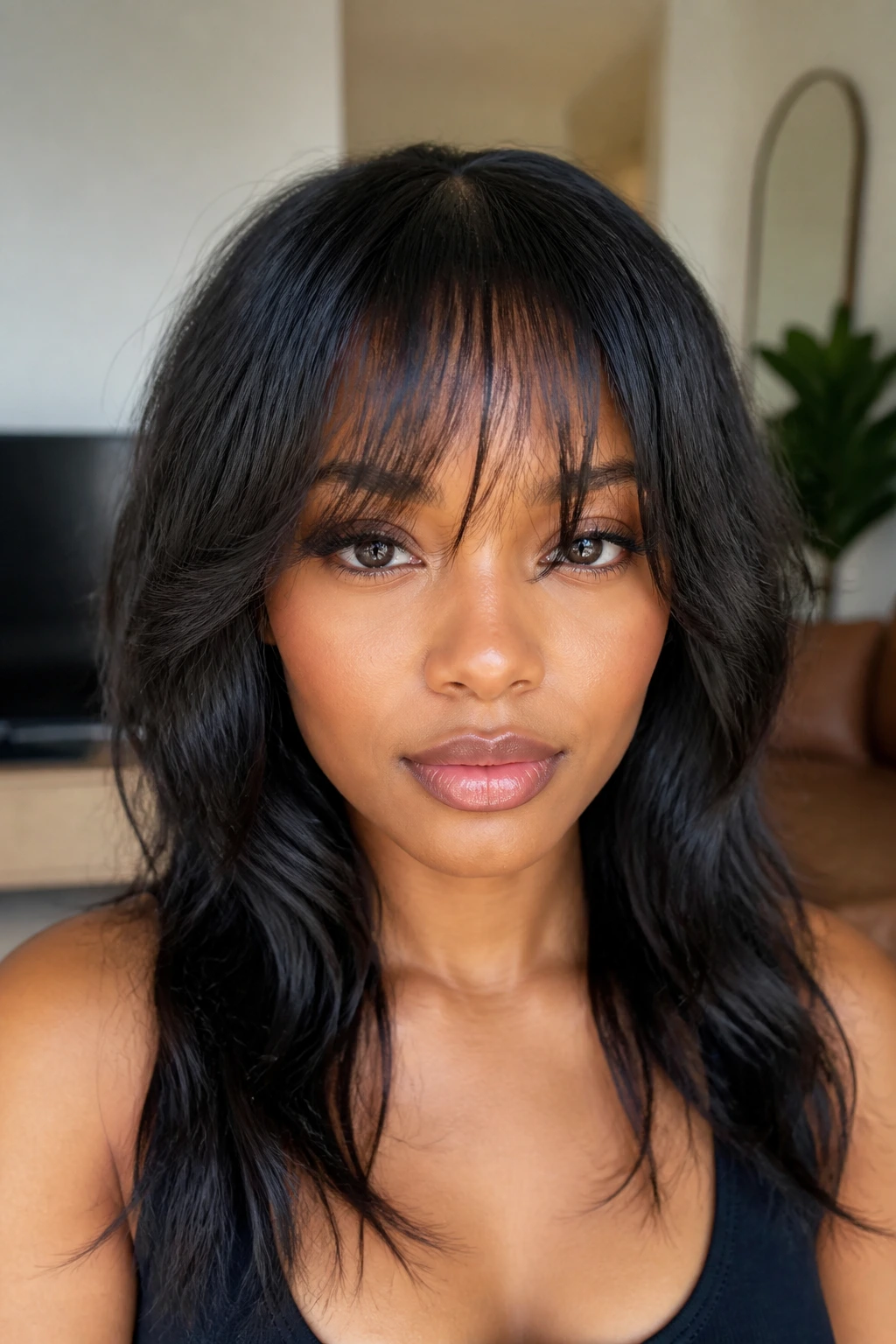 Close-up of real woman with wispy front layers on fine wavy hair