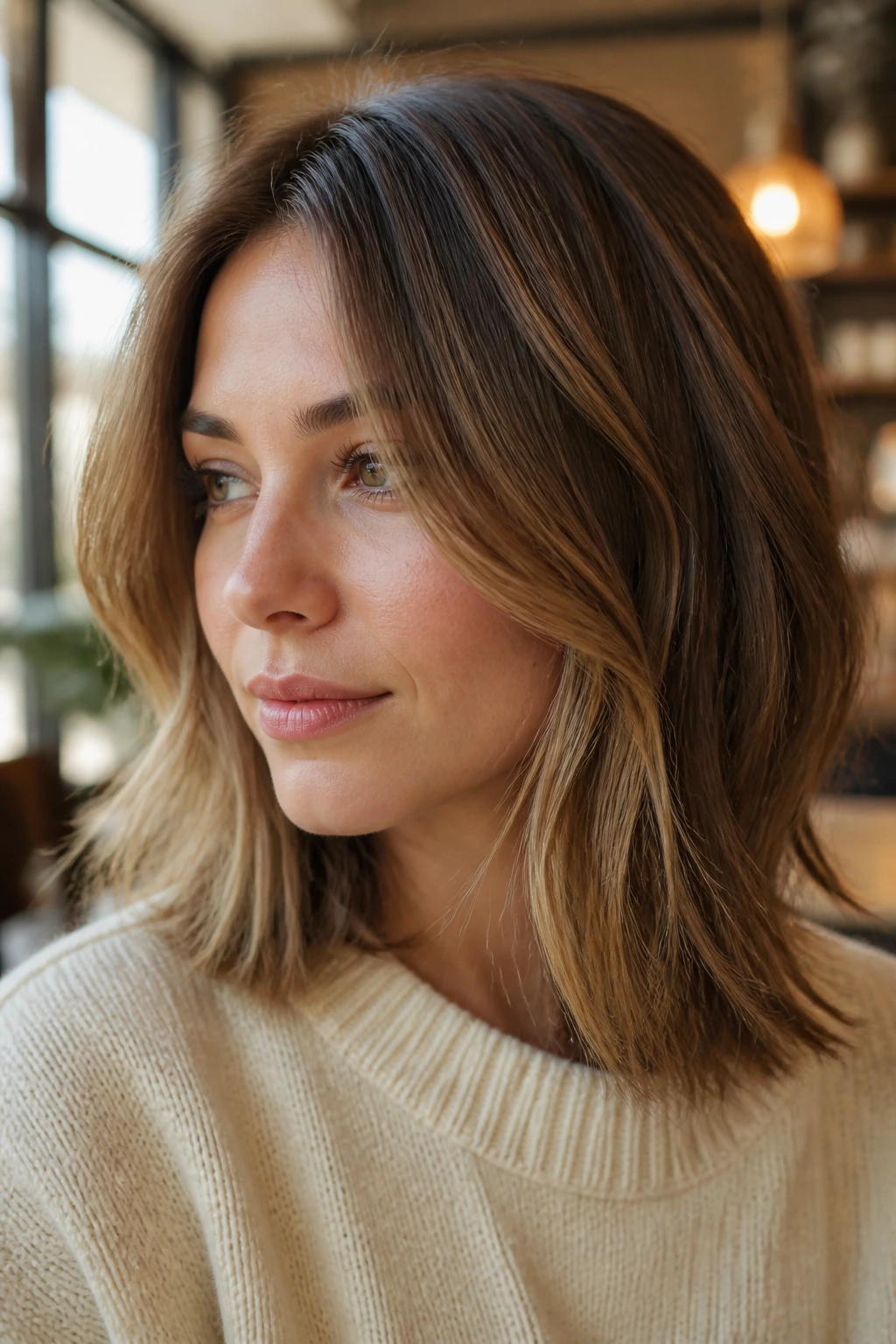Close-up of a person with wispy midi cut and invisible layers