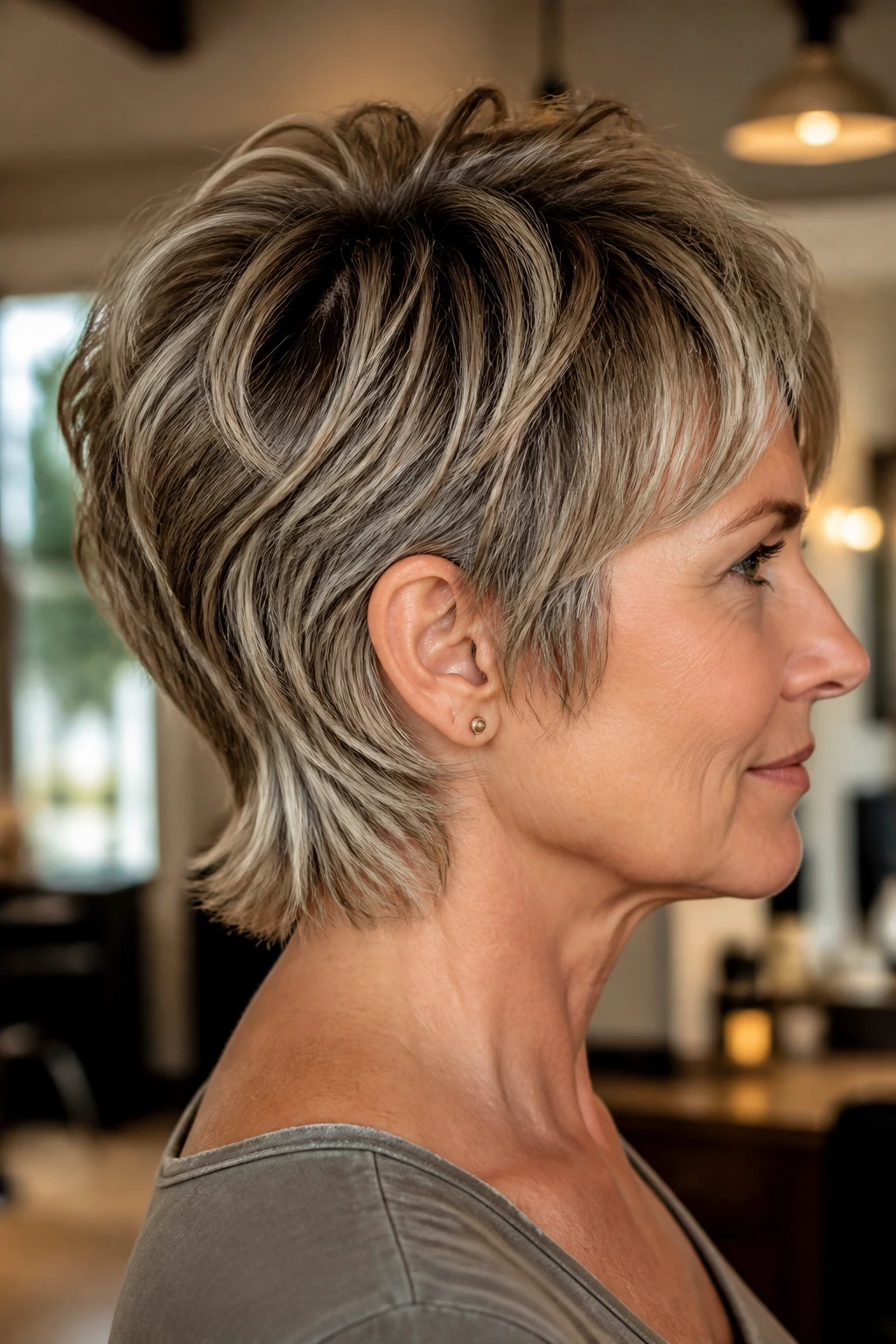Close-up portrait of a real woman with wispy nape-peek pixie shag and babylights