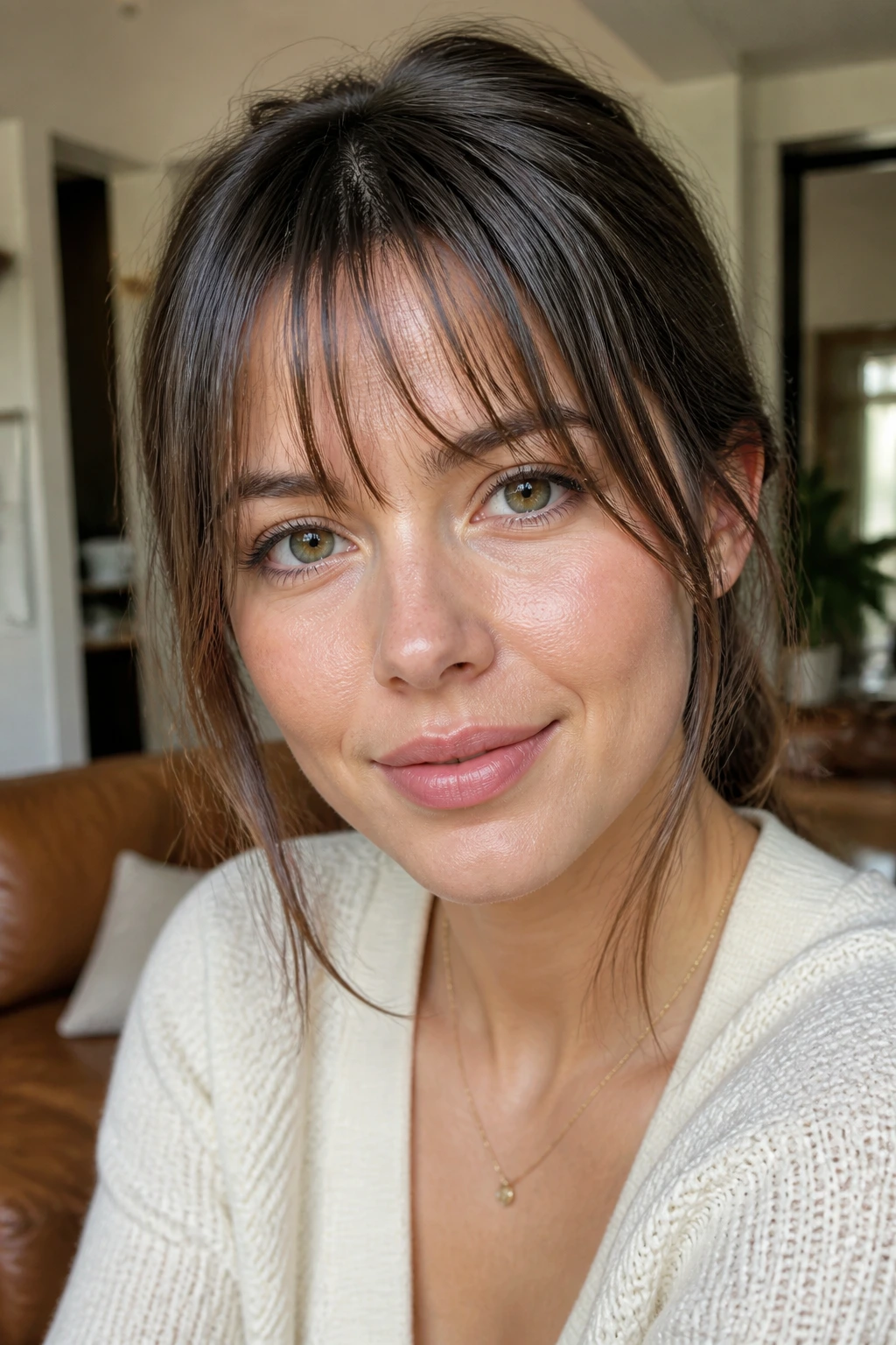 Close-up portrait of a real woman with wispy piecey bangs