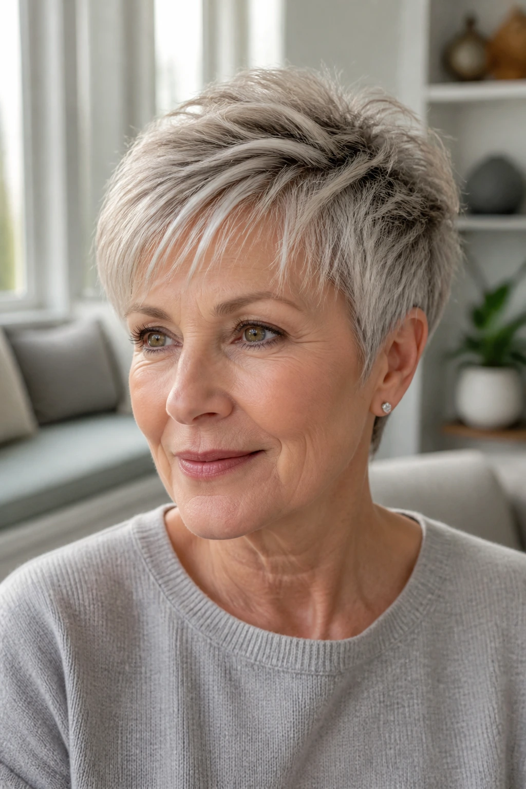 Portrait of a woman with a wispy forward pixie fringe
