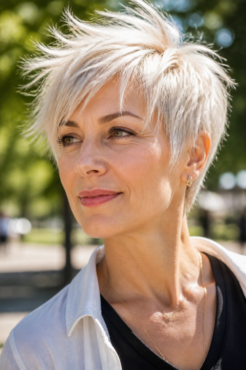 Real woman with wispy platinum pixie and soft layered ends.
