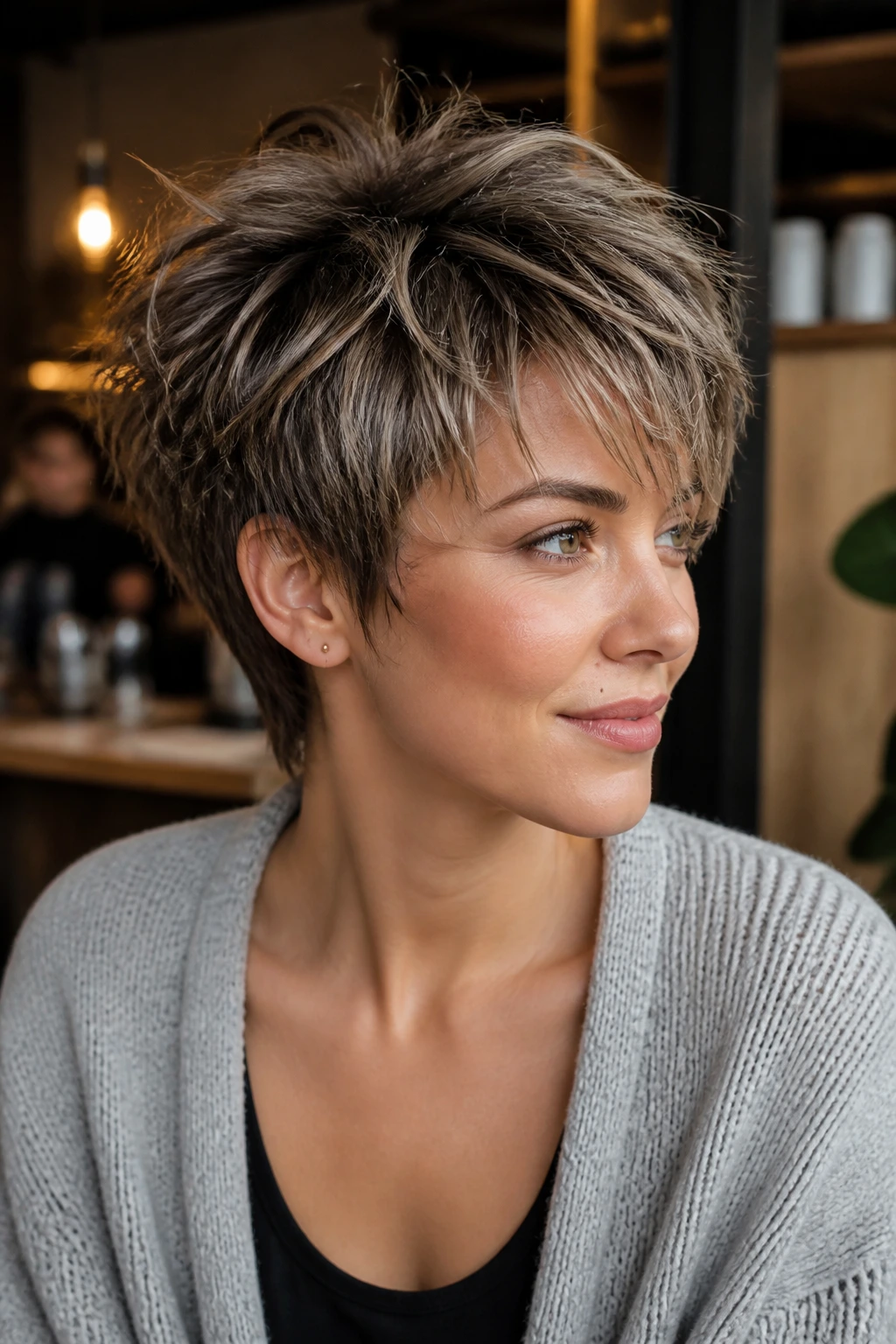 Close-up of a woman with a wispy pixie shag hairstyle