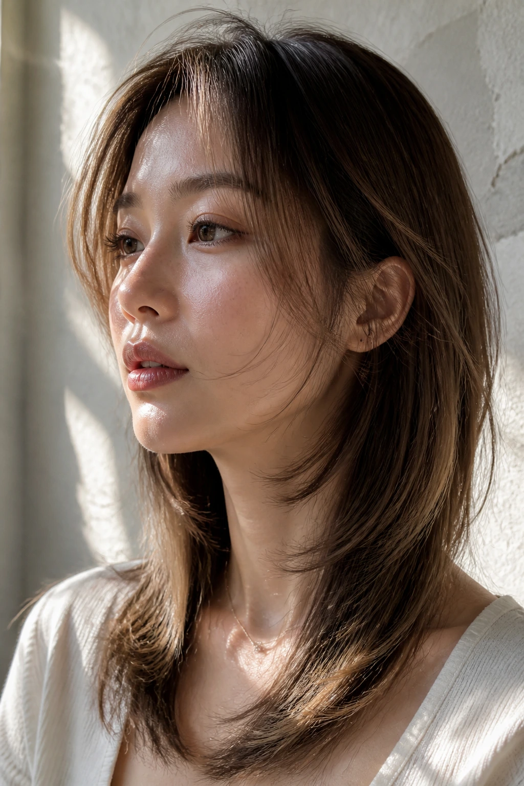 Portrait of a woman with wispy razor layers for fine density around the face