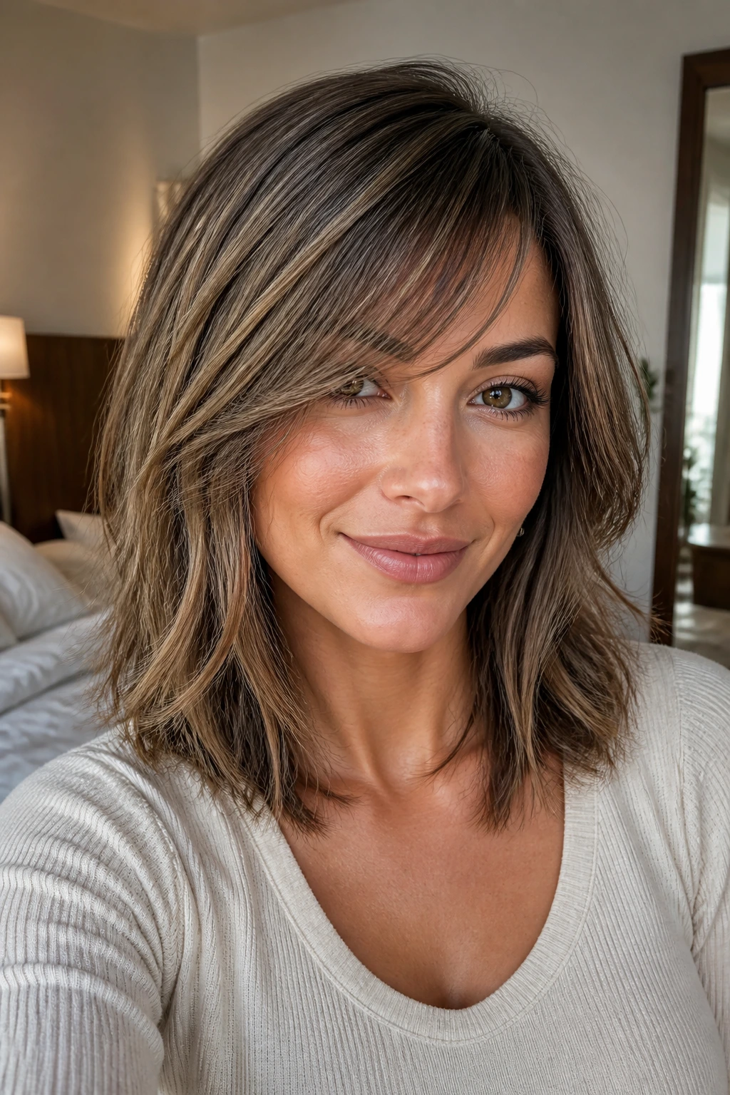 Close-up of a real woman with a wispy shoulder cut and invisible layers