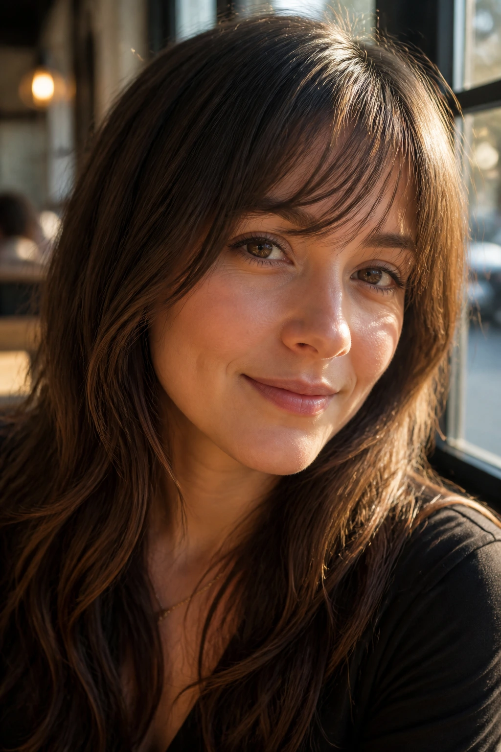 Close-up of brow-grazing wispy sweep bangs on a real woman