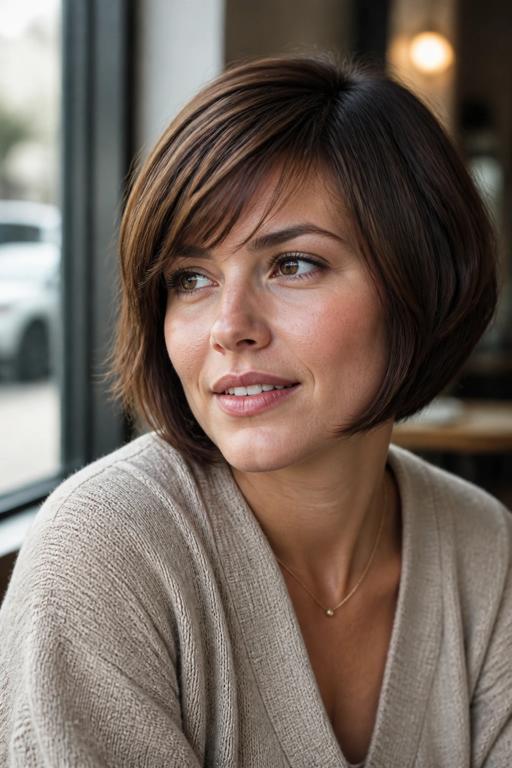 Close-up portrait of a real person with wispy side fringe on a rounded bob by a window
