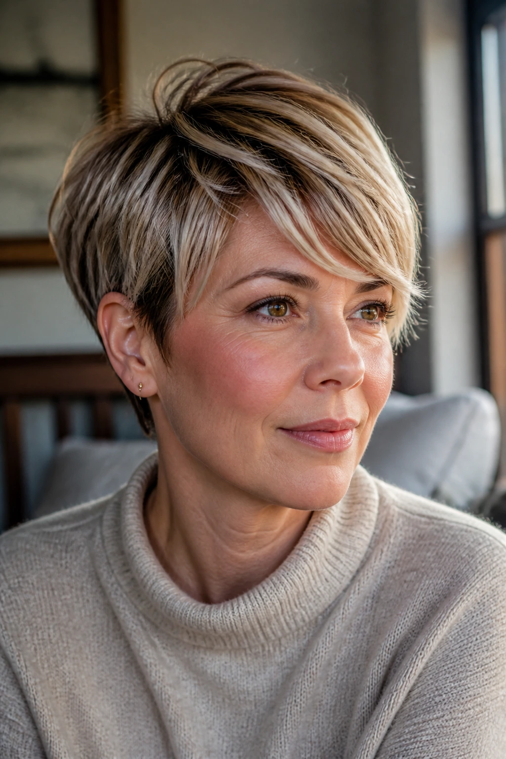 Close-up portrait of a real woman with wispy side-sweep pixie fringe