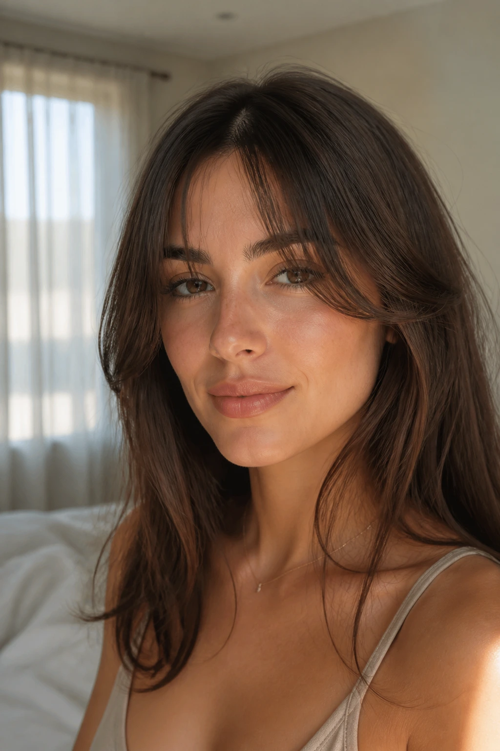 Close-up of wispy split bangs with soft middle part on a real woman in sunlit bedroom