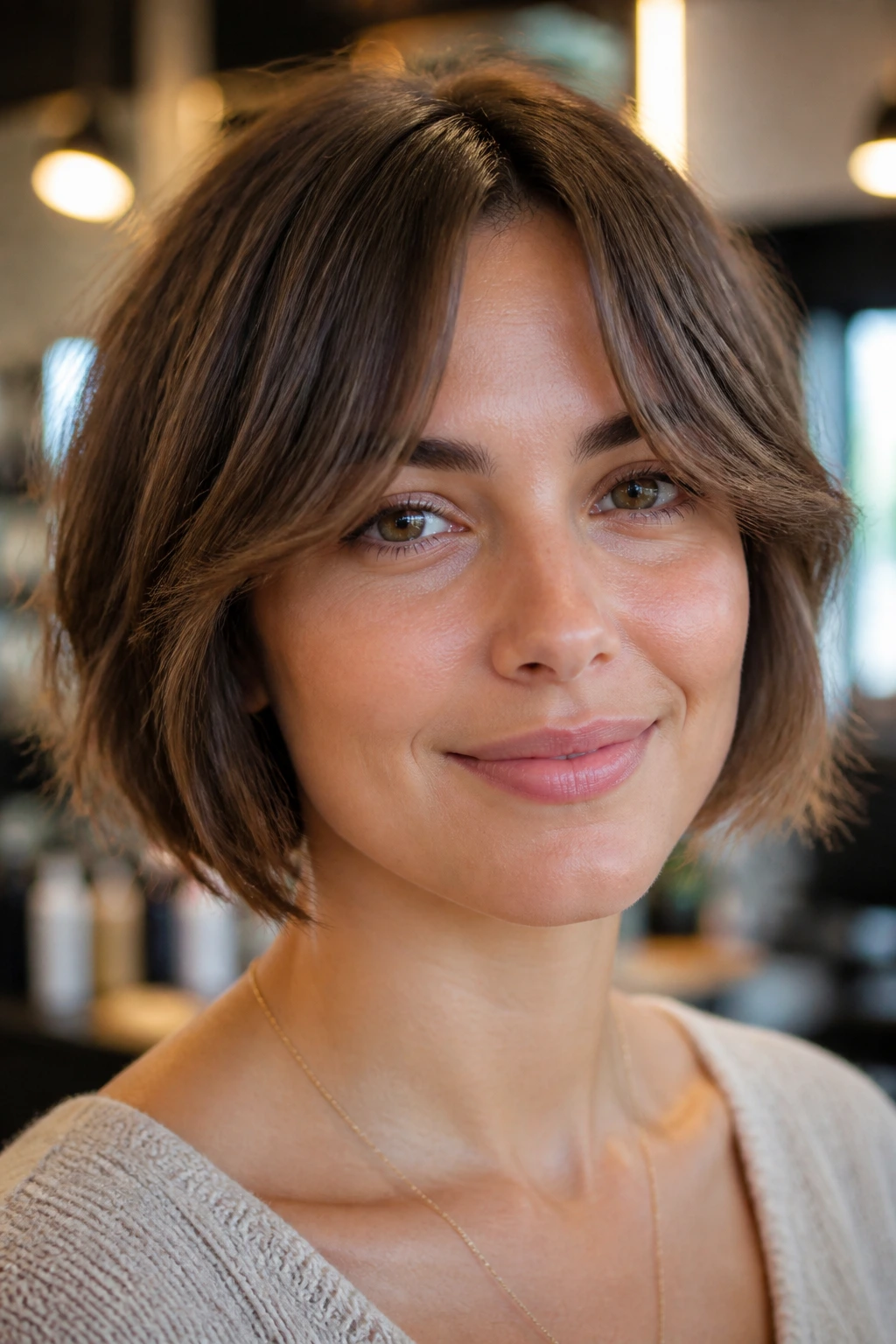 Real woman with center-parted wispy split fringe on chin-length bob.