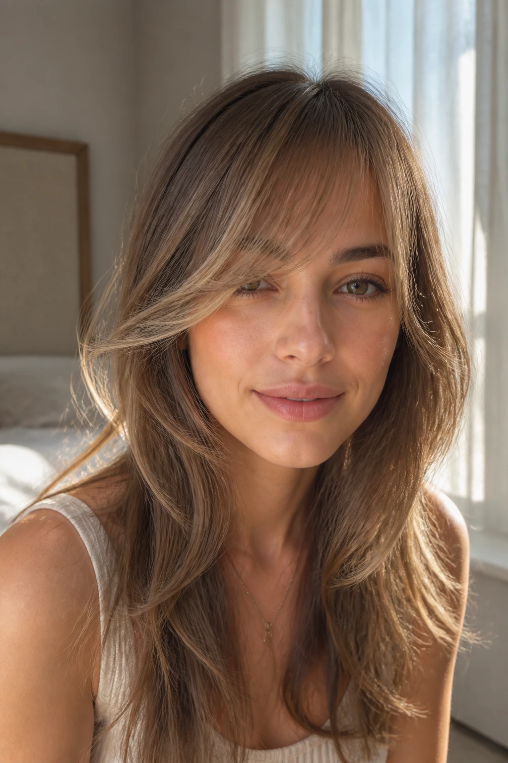Close-up portrait of a woman with wispy swoop bangs for fine hair in a bright room