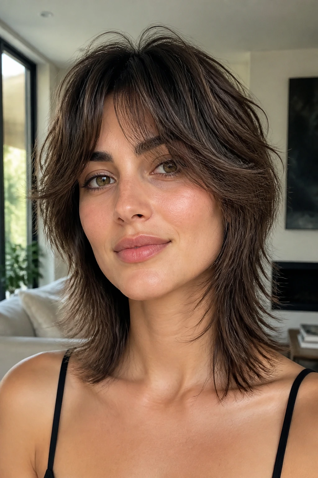 Portrait of a real woman with wispy tapered shag and curtain ends.