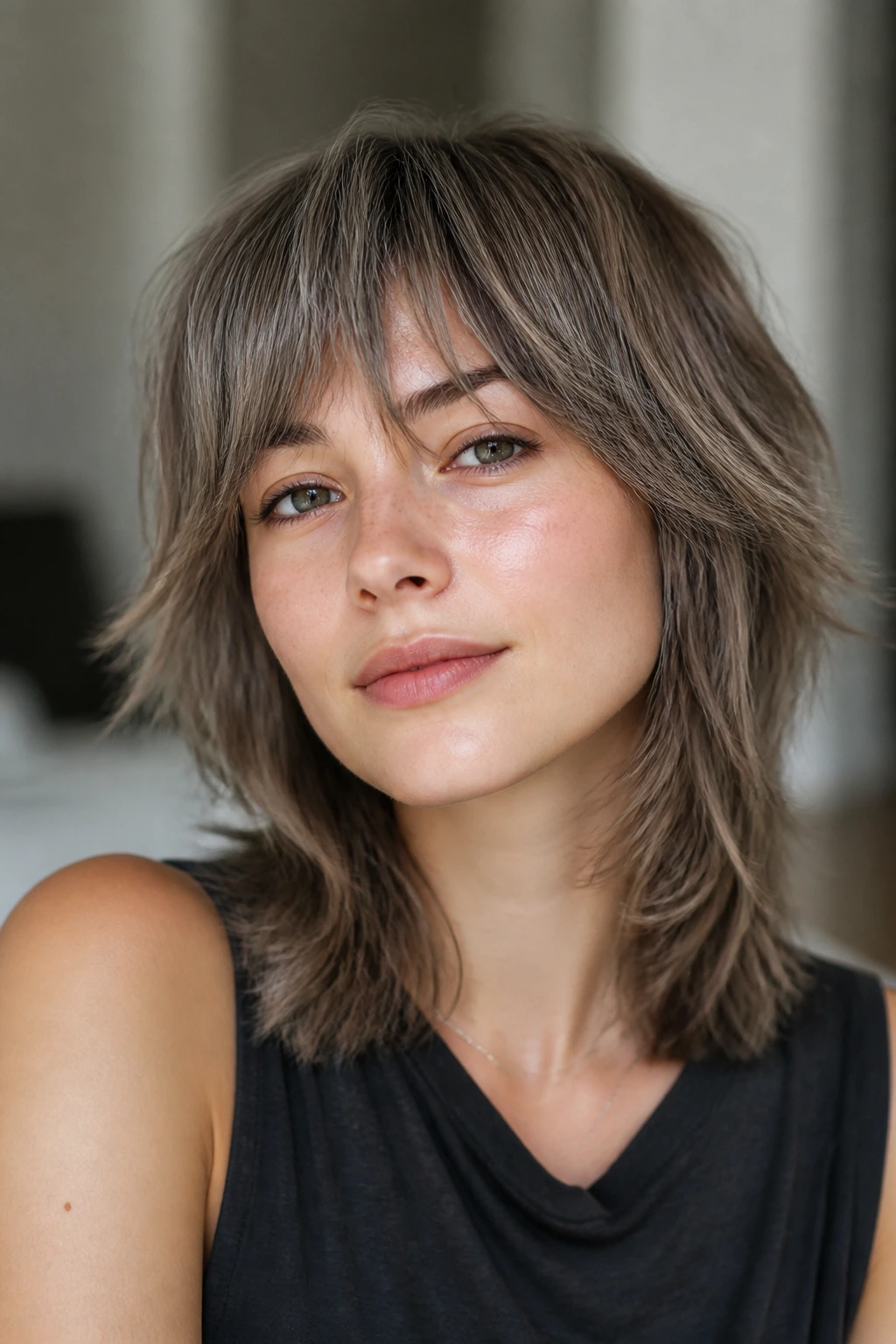 Close-up of a real woman with wispy wolf cut on fine hair in cool tones