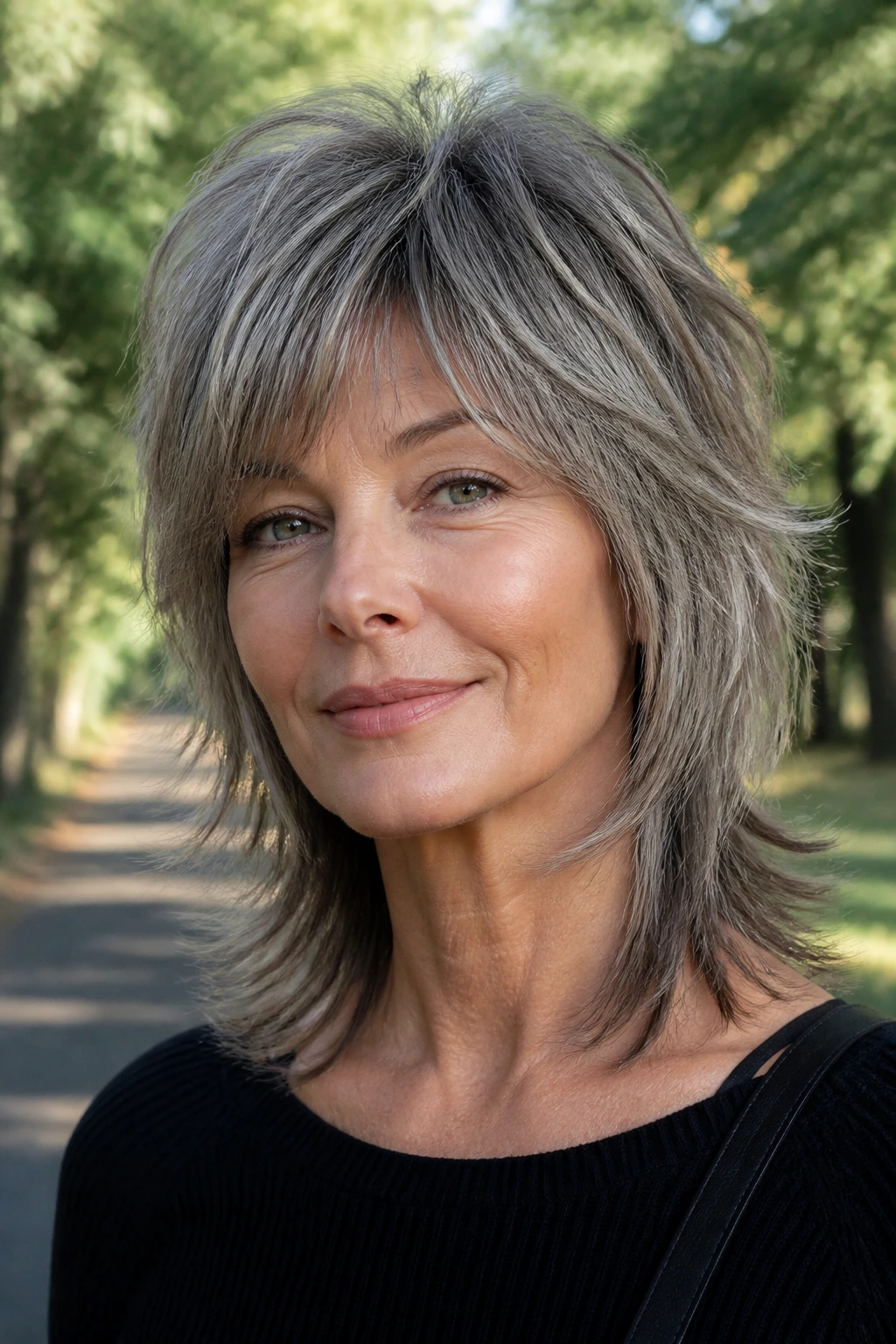 Real woman with wispy wolf cut in park daylight