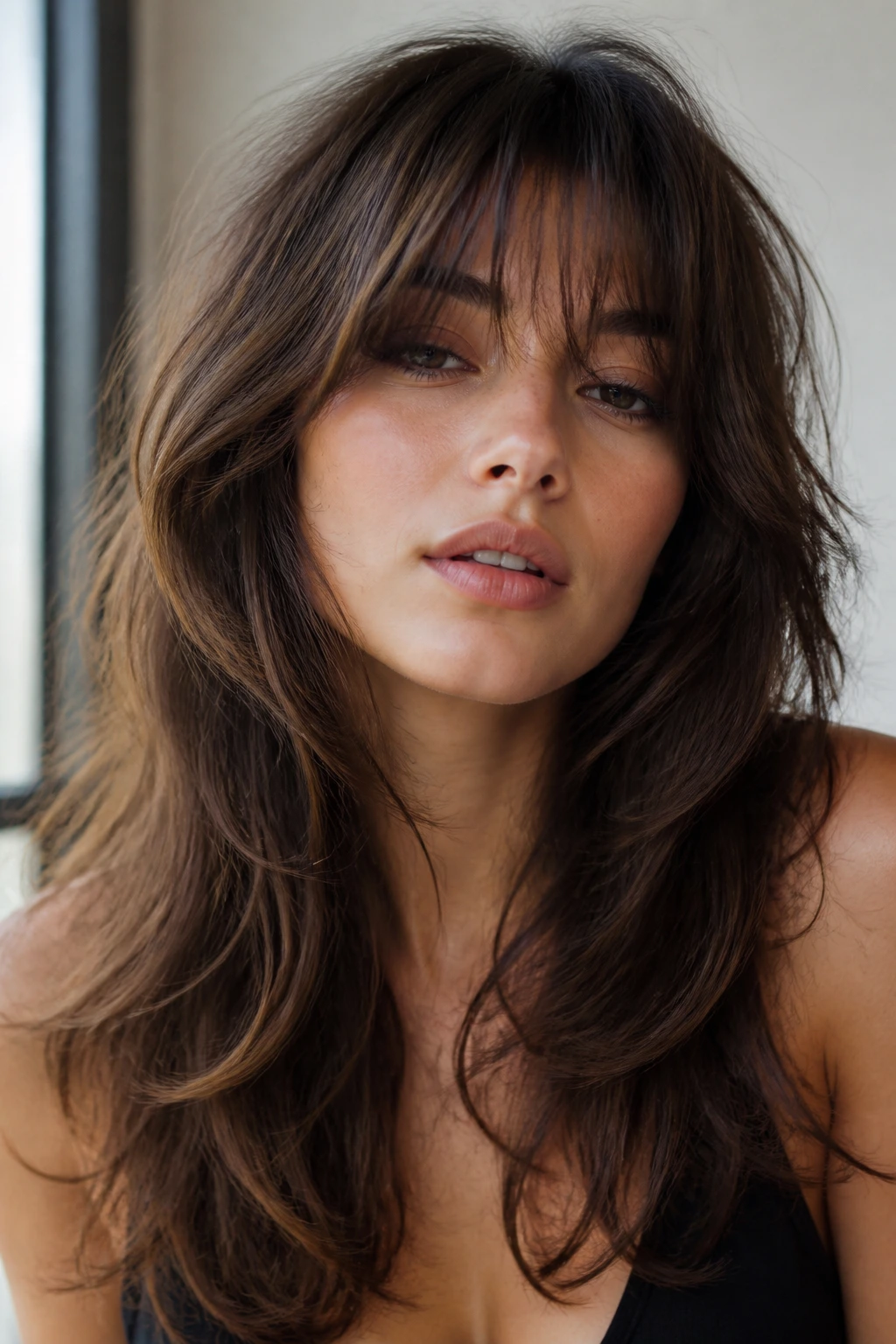 Close-up of real woman with wispy bangs and cascading layers