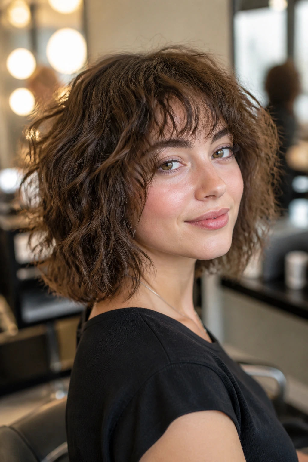 Close-up of a real woman with a soft wolf-bob and grown-out texture in warm salon light.