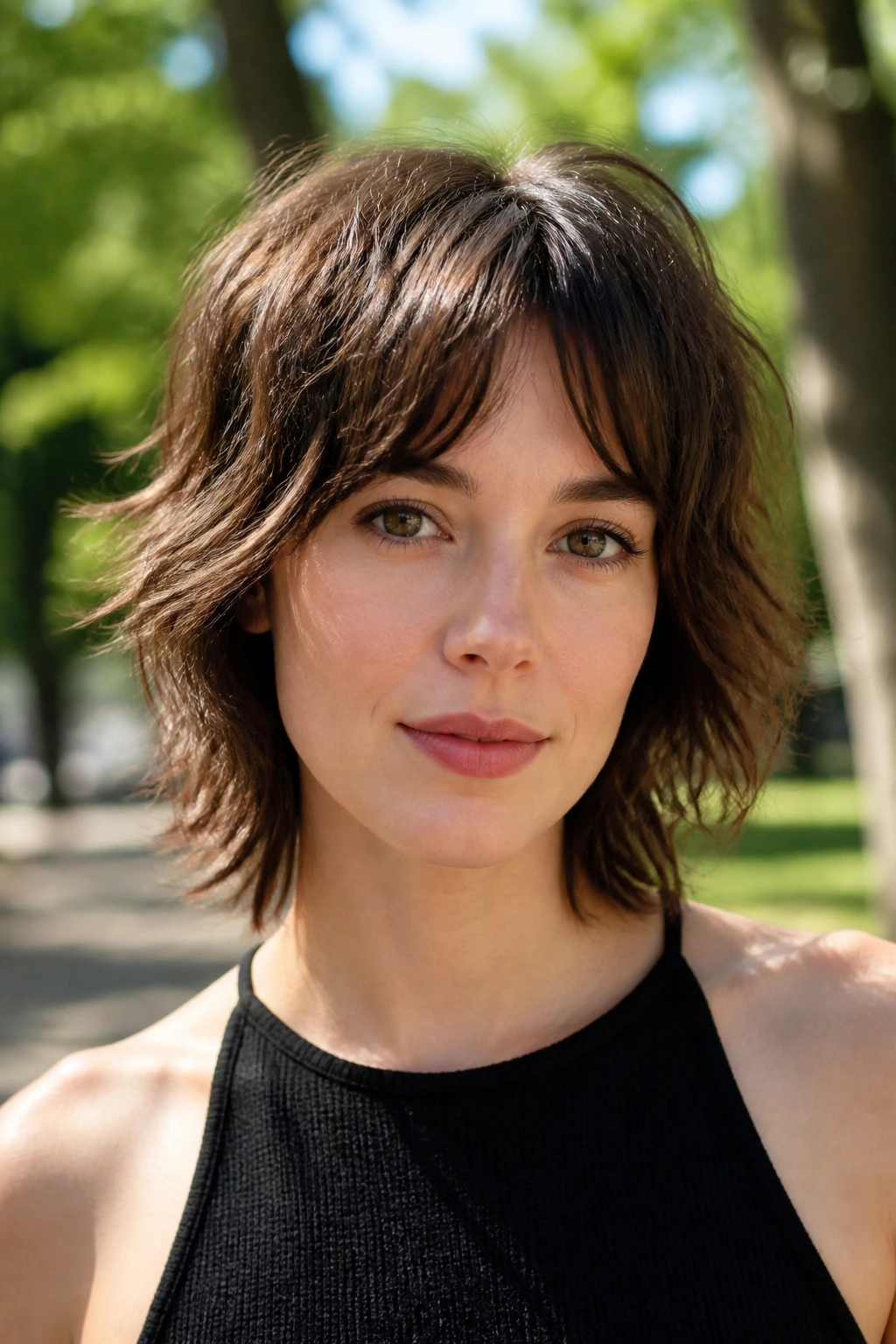 Close-up portrait of a real woman with wolf bob lite showing crown lift and natural wave separation