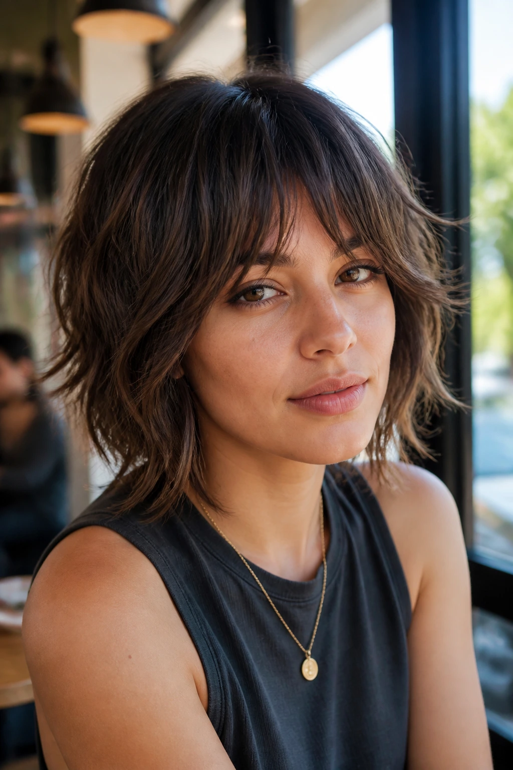 Close-up of real person with shaggy wolf bob and bottleneck bangs in natural light