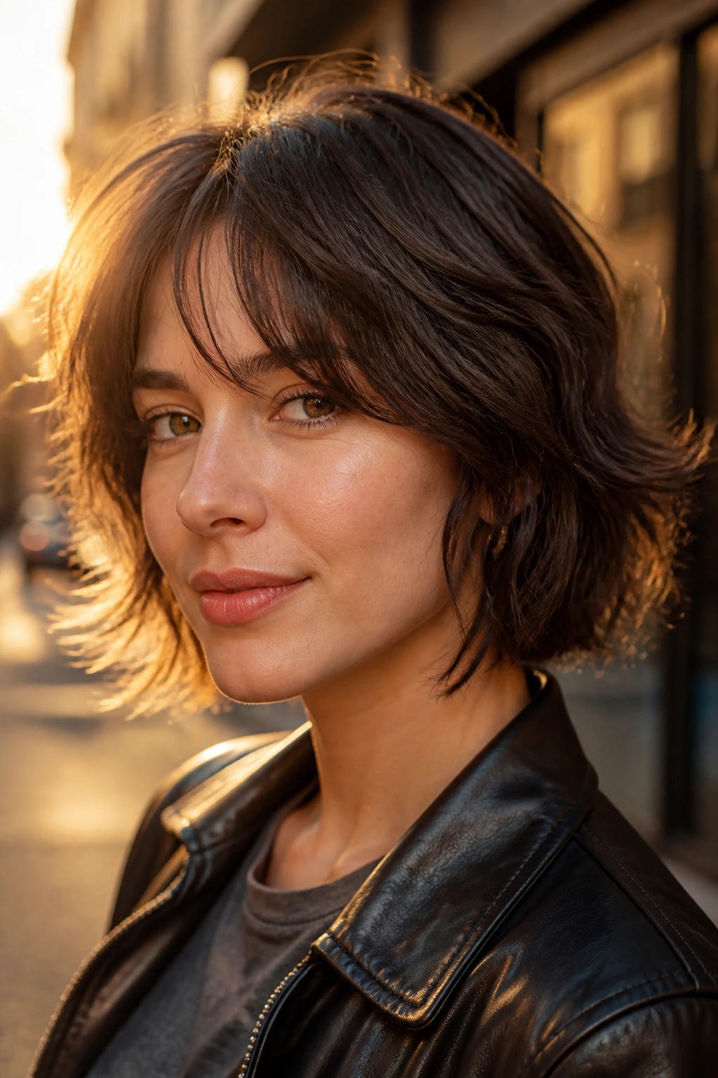 Close-up portrait of a real woman with a piecey wolf bob and split bangs
