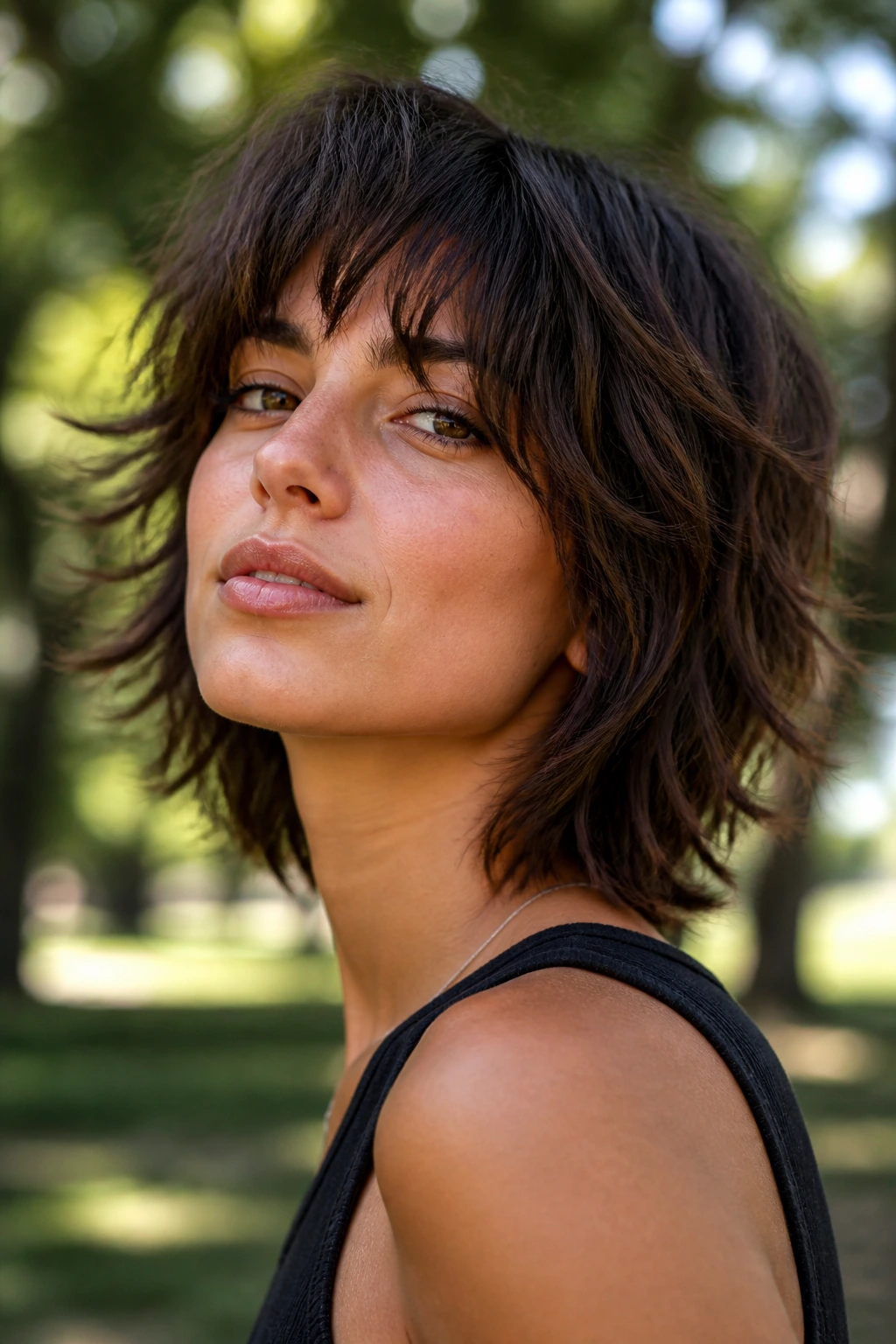 Close-up of real woman with a messy, textured wolf bob.