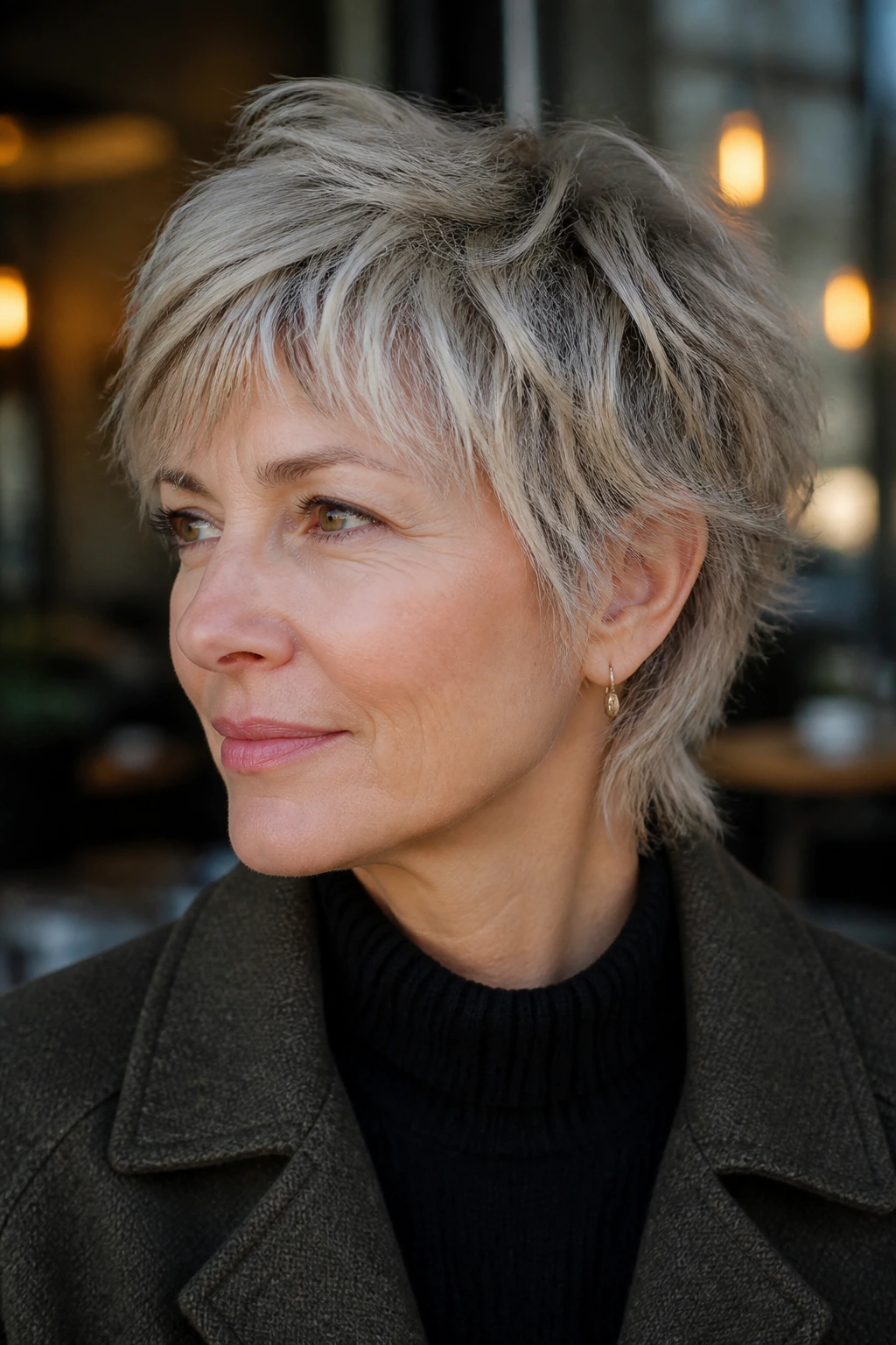 Real woman with soft wolf crop showing disconnected layers and feathered fringe