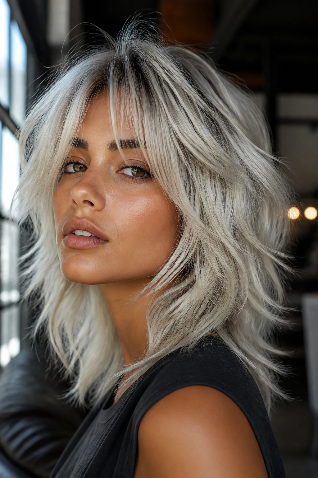 Close-up of a woman with a textured wolf cut platinum shade