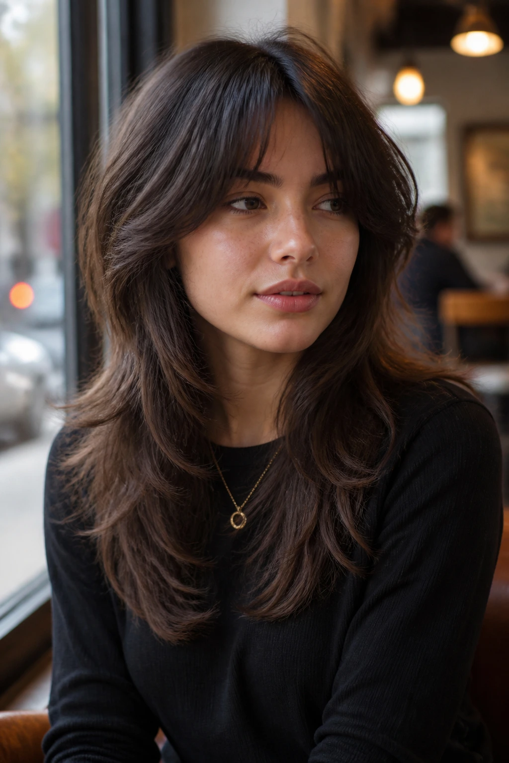 Portrait of a real person with a soft wolf cut and rounded edges.