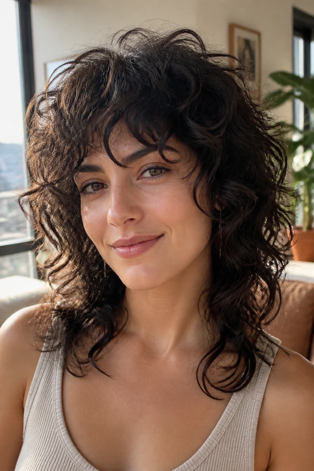 Close-up portrait of a real woman with airy textured wolf cut