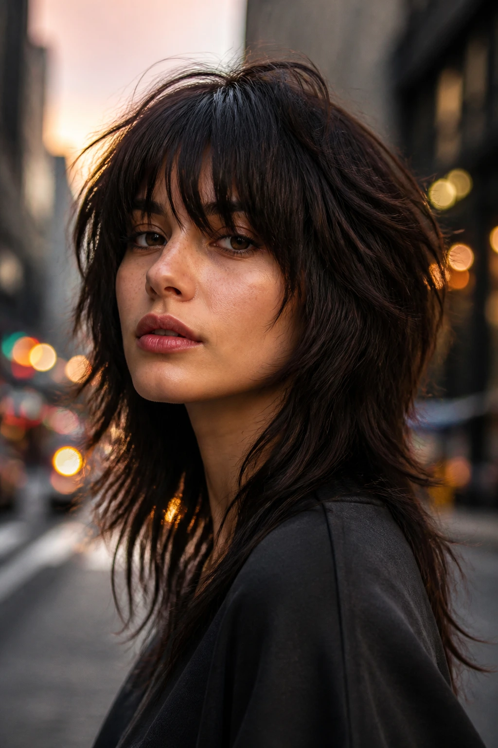 Close-up portrait of a real woman with wolf-cut angled layers and fringe in urban dusk light.