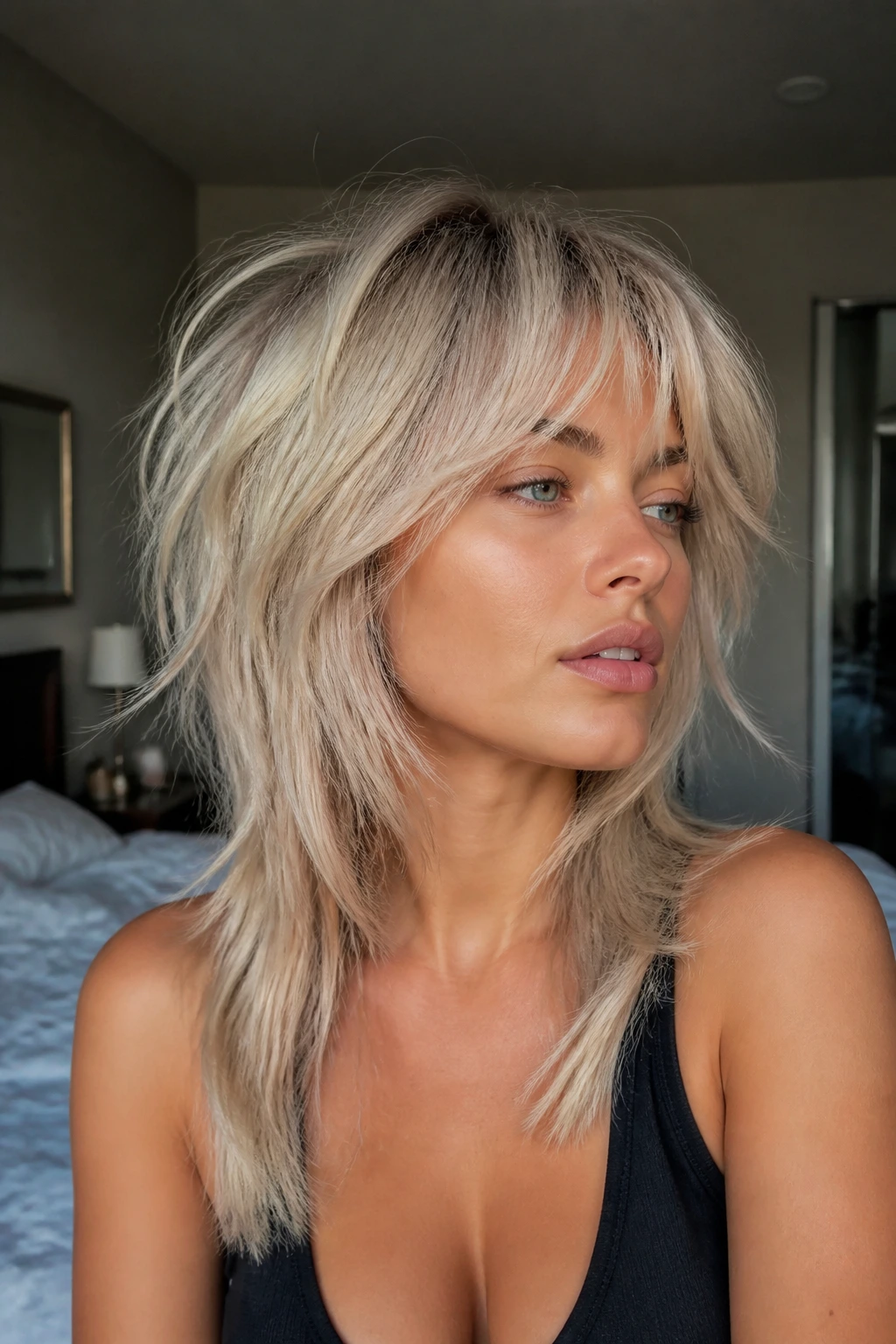 Close-up portrait of a real woman with an icy ash-blonde wolf cut