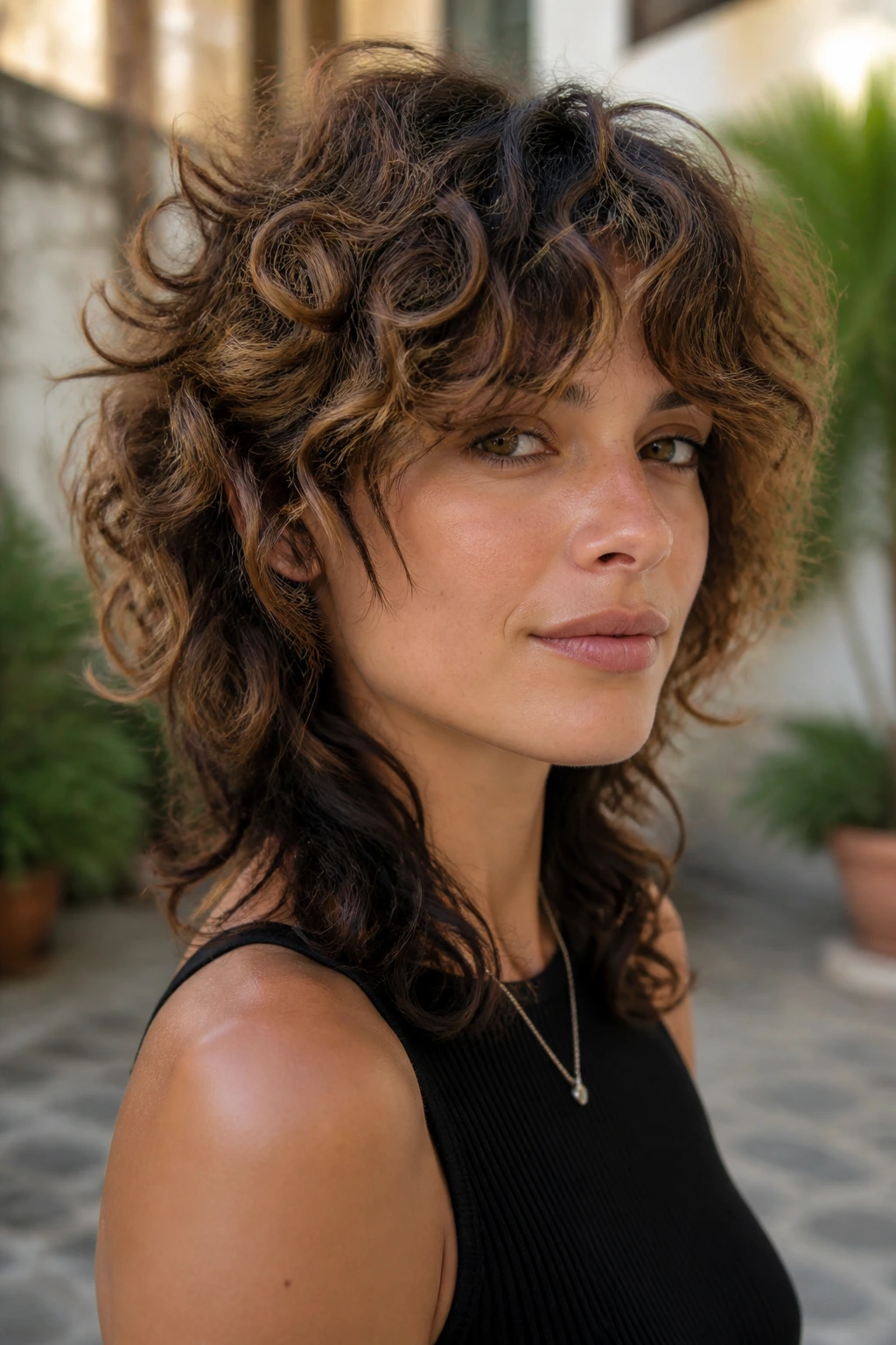 Close-up of a real woman with a curly wolf cut and lived-in babylights.