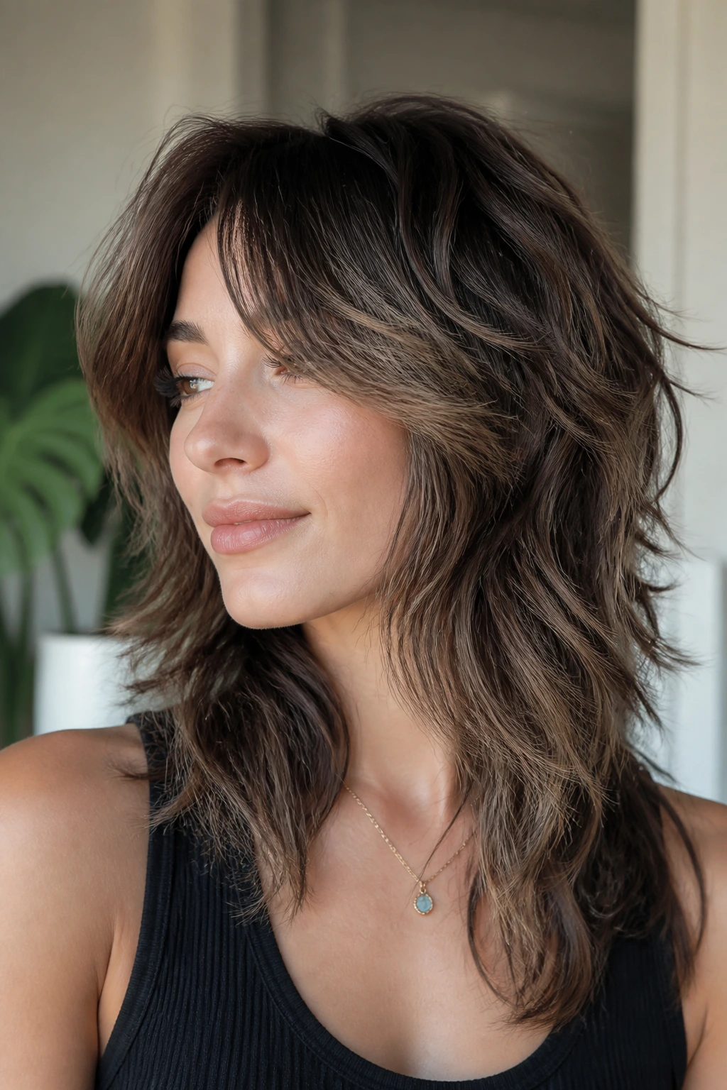 Close-up portrait of a real person with a softened wolf cut and side swept bangs